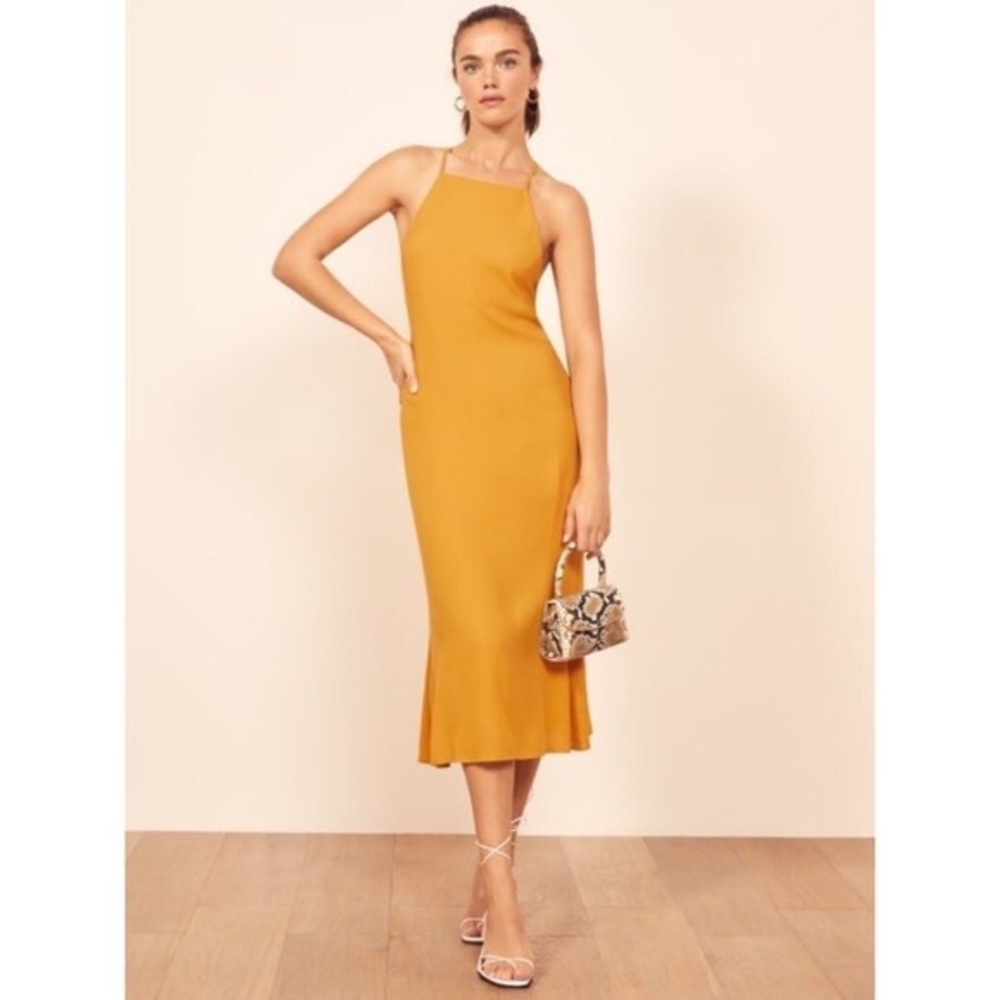 Reformation Roman Midi Dress High Neck Cross Back Spaghetti Strap Yellow Ochre 2